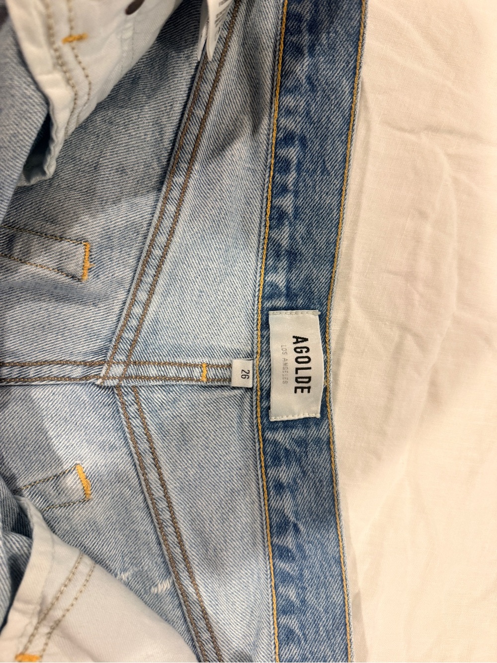 Agolde Light Blue Denim Jean Shorts with Gold Stitching. Size 26